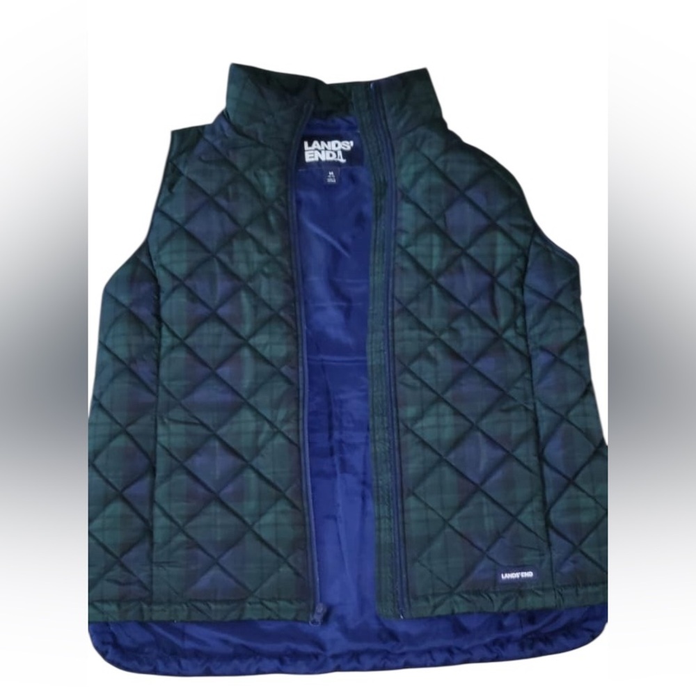 Lands' End Plaid Quilted Vest in Navy and Forest